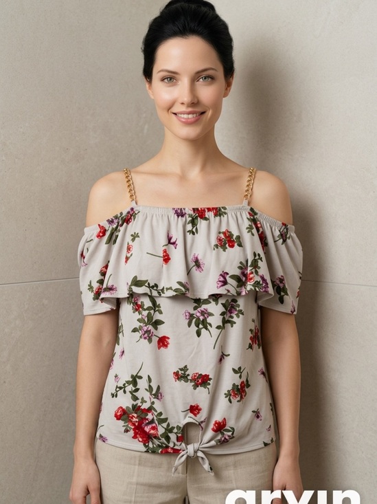 Tops - Floral Off-Shoulder Tie-Front Top in Light Beige with Red & Green Print
